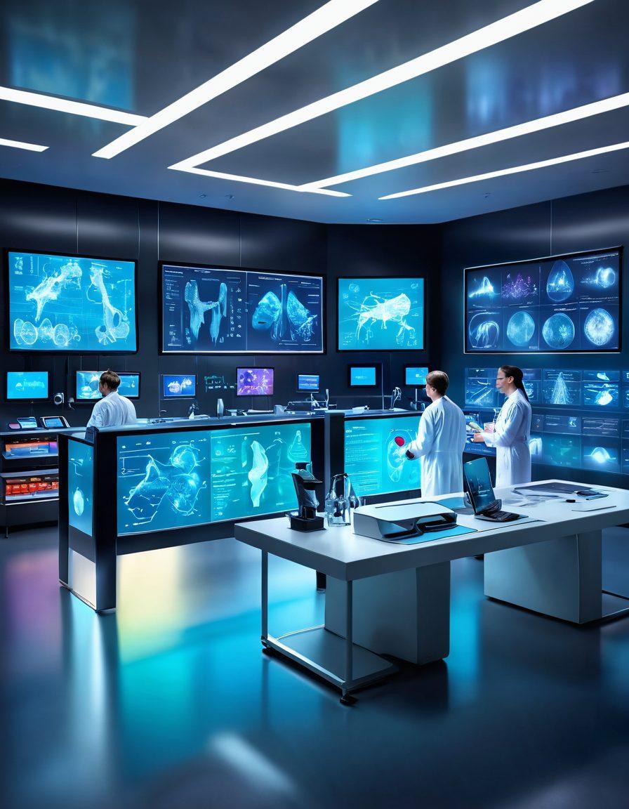 A futuristic medical lab focusing on rheumatology, featuring innovative technology like holographic displays of joint models, a diverse team of researchers collaborating, and vibrant digital graphs showing advancements in treatments. The atmosphere is bright and hopeful, symbolizing progress and solutions in healthcare. sleek lines and modern design elements throughout the setting. super-realistic. vibrant colors.