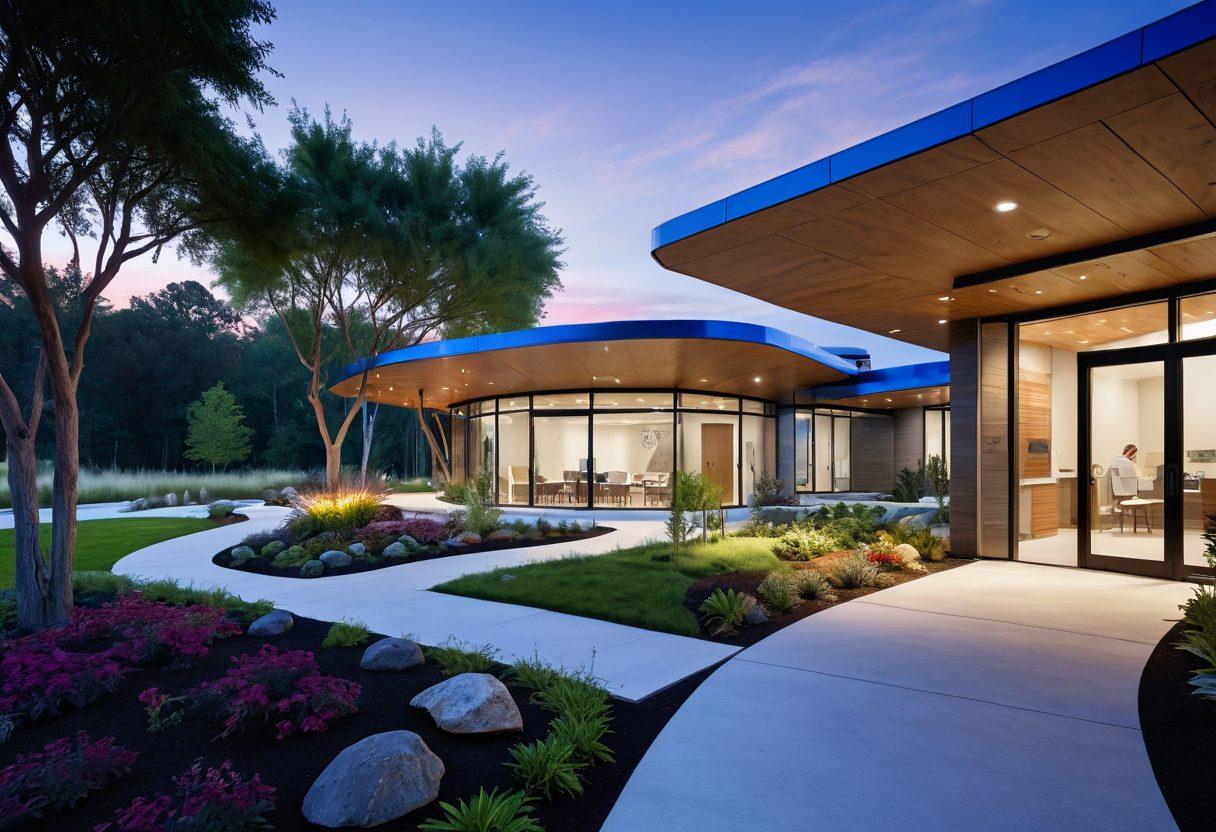 A serene landscape showcasing a futuristic medical clinic with advanced technology, surrounded by serene nature to represent holistic care for rheumatoid conditions. Incorporate diverse patients engaged in innovative therapies with visible signs of progress and healing. Include elements like biophilic design, wellness gardens, and interactive digital displays about Rheam Innovations. The overall atmosphere should evoke hope and a bright future in healthcare. super-realistic. vibrant colors. peaceful ambiance.