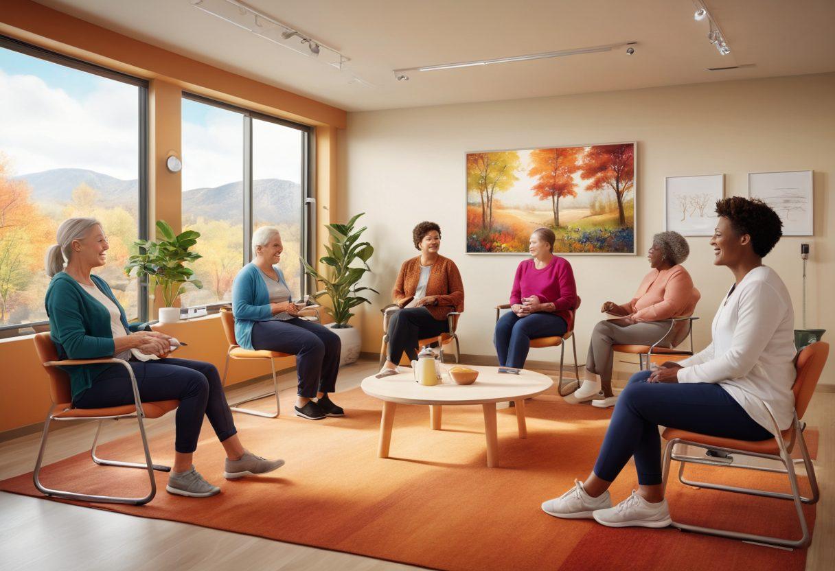 A bright, inviting scene showcasing a diverse group of patients interacting with Rheam products, smiling and engaged in various activities such as exercising, using adaptive devices, and attending a support group. The background features elements of a cozy clinic and nature, symbolizing healing and empowerment. Emphasize warmth and community with vibrant colors and uplifting expressions. super-realistic. vibrant colors. warm tones.